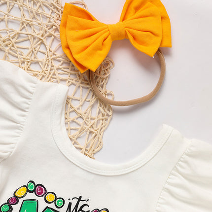 Baby Girl Mardi Gras 3-Piece Outfit Set – Ruffle Sleeve Letter Print Bodysuit, Mesh Tutu Skirt & Headband – Festive Carnival Costume