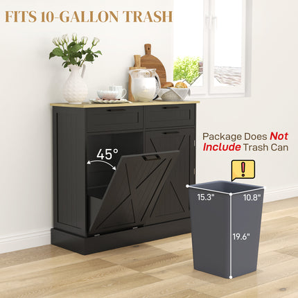 10 Gallon Tilt-Out Trash Can Cabinet with 2 Storage Drawers – Farmhouse Kitchen Trash Hidden Cabinet – Wooden Pet-Proof Waste Bin Holder in Black