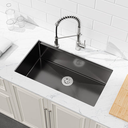 30-Inch Black Stainless Steel Workstation Sink – Handmade Undermount Single Bowl Kitchen Sink with Cutting Board & Colander