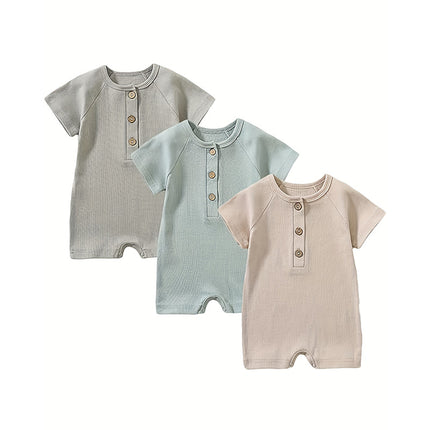 3-Pack Baby Boys Ribbed One-Piece Rompers – Long Sleeve Cotton Button Jumpsuit Set – Soft & Stretchy Essential Sleepwear