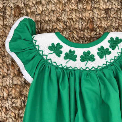 Baby Girl St. Patrick’s Day Smocked Romper – Four-Leaf Clover Embroidery Playsuit – Ruffle Trim Summer One-Piece