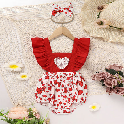 Baby Girl Heart & Bow Print Romper – Pink Ruffle Trim Bodysuit – Sweetheart Long Sleeve One-Piece for Infants
