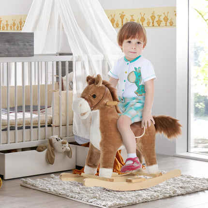Plush Rocking Horse Toy with Realistic Sounds & Moving Tail – Classic Wooden Rocker for Toddlers & Kids Playrooms