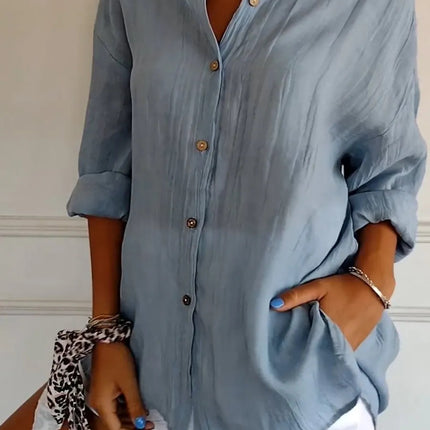Women's Pleated Button-Down Shirt – Relaxed Fit Long Sleeve Blouse for Casual & Office Wear