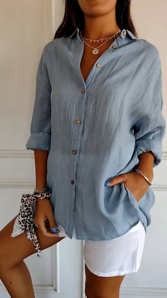Women's Pleated Button-Down Shirt – Loose Fit Long Sleeve Lapel Blouse for Casual Office & Daily Wear