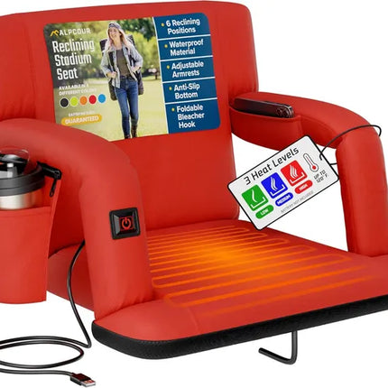 Heated Reclining Stadium Seat – Portable & Adjustable Back Support for Bleachers and Outdoor Events