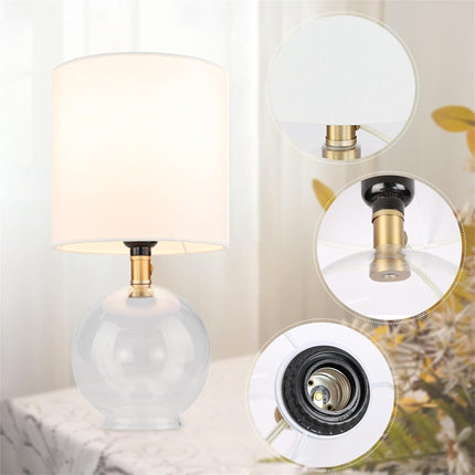 Minimalist Glass Table Lamp with Cylindrical Fabric Shade – Modern Bedside Nightstand Lamp for Bedroom & Living Room – Clear Glass Base
