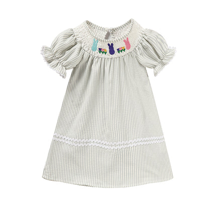 Baby Girl Easter Bunny Smocked Dress – Hand-Embroidered Rabbit & Carrot Party Outfit – Vintage Style Short Sleeve Spring Dress