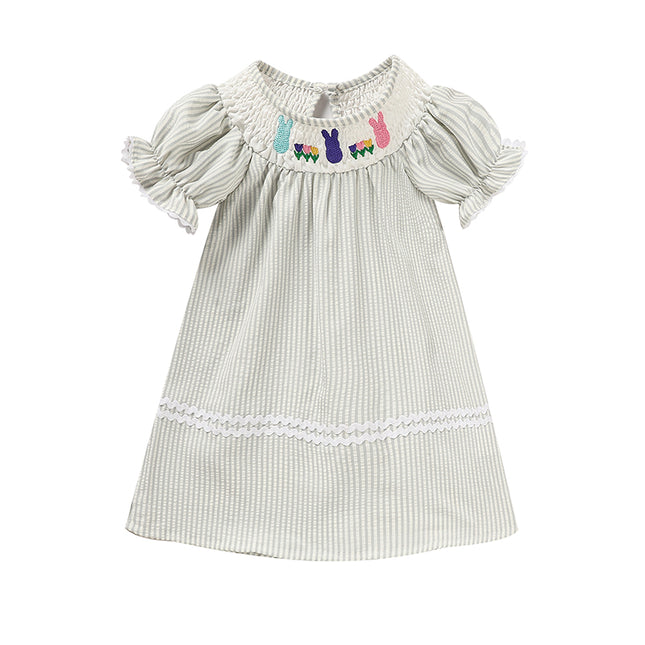 Baby Girl Easter Bunny Smocked Dress – Hand-Embroidered Rabbit & Carrot Party Outfit – Vintage Style Short Sleeve Spring Dress