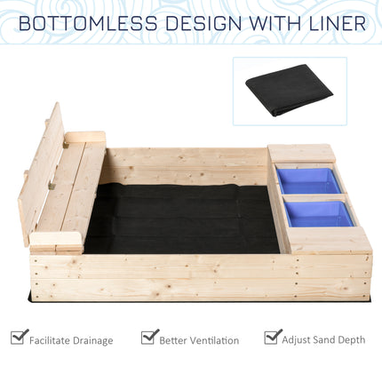 Kids Wooden Sandbox with 2 Storage Boxes – Foldable Bench Seats & Waterproof Cover – Outdoor Sandpit with Bottom Liner – Premium Backyard Playset