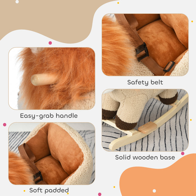 Plush Baby Rocking Lion with Sound – Wooden Rocking Animal with Safety Seat Belt – Interactive Toddler Rocker for 18-36 Months