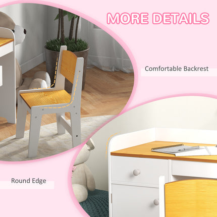 Kids' Study Desk and Chair Set with Built-in Bookshelf – Children's Writing Table with Storage Drawers – Ergonomic Student Workstation, White