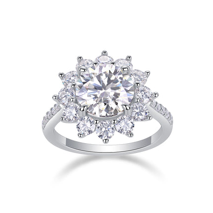 Sunflower Halo Statement Ring – 3 Carat Moissanite Brilliant Cut – S925 Sterling Silver Platinum Plated – Luxury Engagement & Promise Ring
