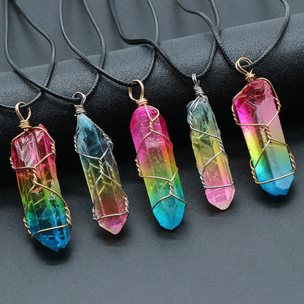 Natural Crystal Pillar Tree of Life Pendant – Hand-Wrapped Wire Stone Necklace – Spiritual Healing Jewelry for Women
