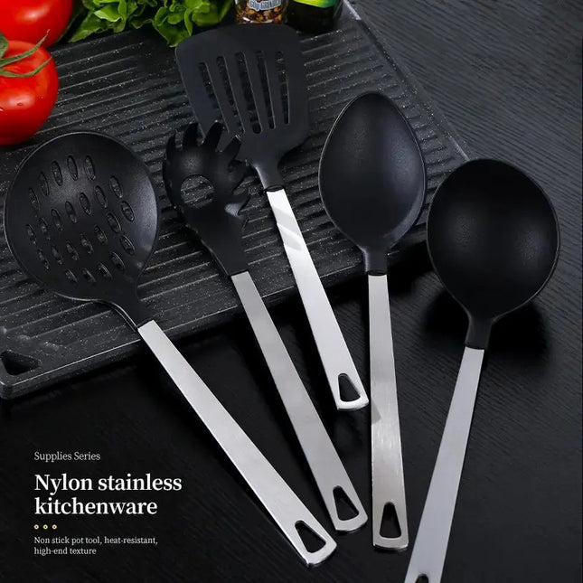 Premium Stainless Steel & Nylon Cooking Set – 5pcs Heat-Resistant Utensil Kit for Non-Stick Cookware