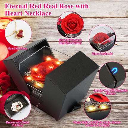 Preserved Real Red Rose with Heart Necklace – Eternal Flower Jewelry Box – Romantic Gift for Wife, Girlfriend, Mom on Anniversary & Valentine’s Day