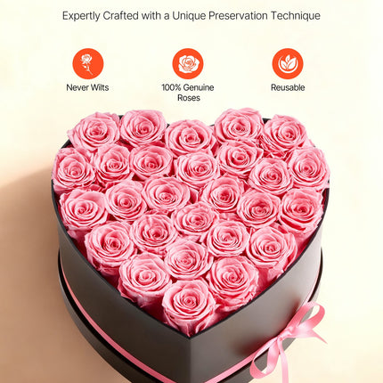 Forever Flowers Heart Box – 27 Real Preserved Pink Roses – Eternal Immortal Bouquet – Romantic Anniversary & Valentine’s Day Gift for Girlfriend or Wife