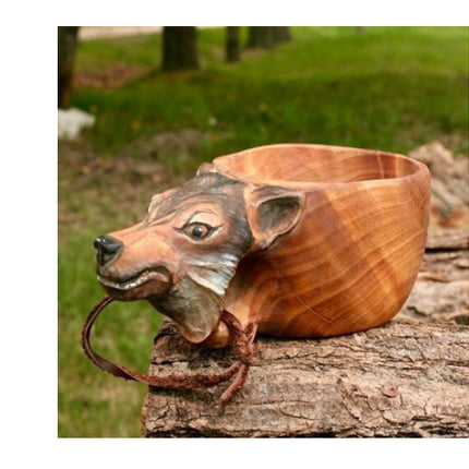 Hand-Carved Scandinavian Kuksa Wooden Mug – Traditional Guksi Camping Cup – Authentic Nordic Wood Coffee Mug with Animal Carvings