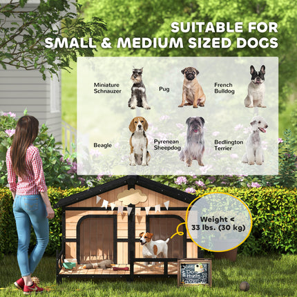 Luxury Natural Wood Double Dog House with Porch – Dual Room Outdoor Kennel with Openable Roof & Removable Floor – Weatherproof Pet Villa
