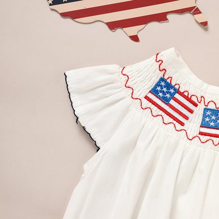 Baby Girl 4th of July Smocked Bubble Romper – American Flag Embroidery Fly Sleeve Bodysuit – Patriotic Summer Outfit