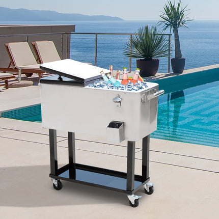 80 QT Rolling Outdoor Cooler Cart – Portable Ice Chest on Wheels – Insulated Drink Bin with Bottle Opener & Storage Shelf – Silver