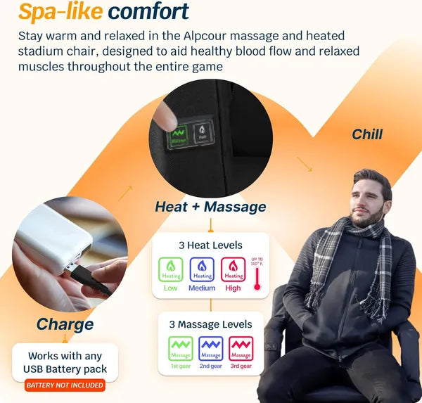 Heated Massage Reclining Stadium Seat – Extra Wide Bleacher Chair with Back Support for Sports Fans & Outdoor Events