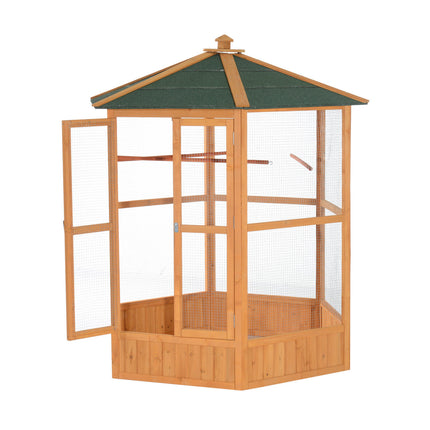 69" Wooden Hexagonal Outdoor Aviary – Deluxe Flight Bird Cage with Weather-Resistant Covered Roof – Large Outdoor Bird House in Classic Brown