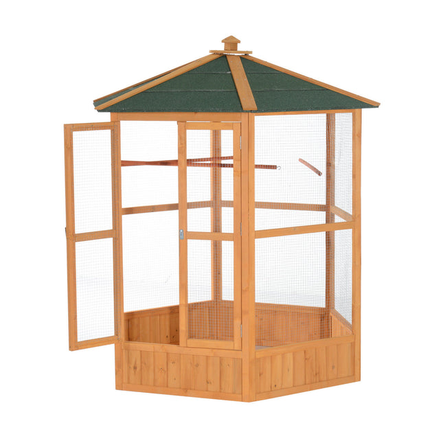 69" Wooden Hexagonal Outdoor Aviary – Deluxe Flight Bird Cage with Weather-Resistant Covered Roof – Large Outdoor Bird House in Classic Brown