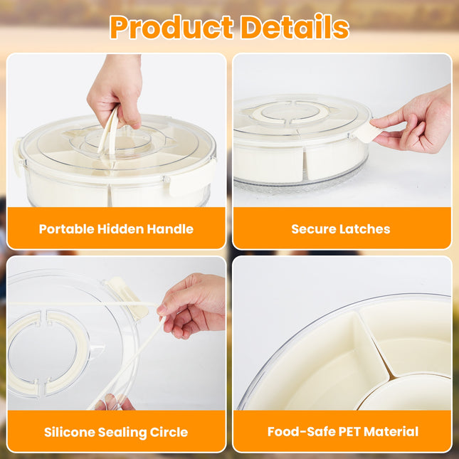 2-Pack Clear Divided Serving Tray for Parties & Picnics – Rotatable Snack Organizer with Removable Dividers – Portable Fruit & Nut Platter