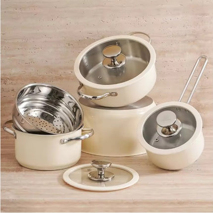 9-Piece Elite Ceramic Coated Cookware Set – Stainless Steel Pots & Pans with Steamer Insert – Sleek White & Silver