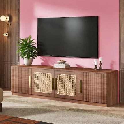 Sleek White & Wood TV Console – Mid-Century Modern Media Stand – Elegant Living Room Entertainment Unit with Wood Grain Accents