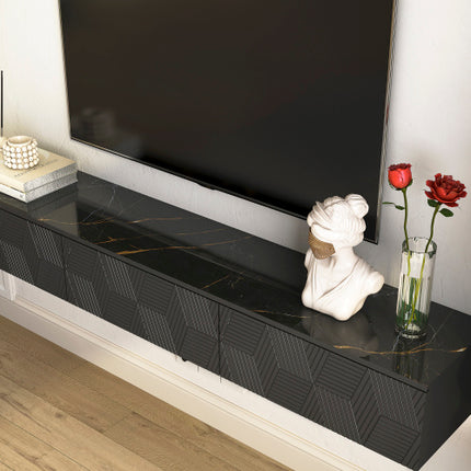 RGB LED Floating TV Cabinet in Glossy Black – Wall Hanging Gaming Media Stand – Modern Minimalist Entertainment Unit with Remote Control