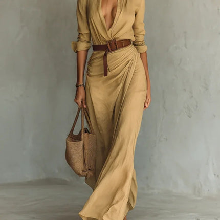 Women's Asymmetric Belted Shirt Dress – Elegant Button-Down Long Sleeve Midi Dress for Office Commuting & Chic Outfits