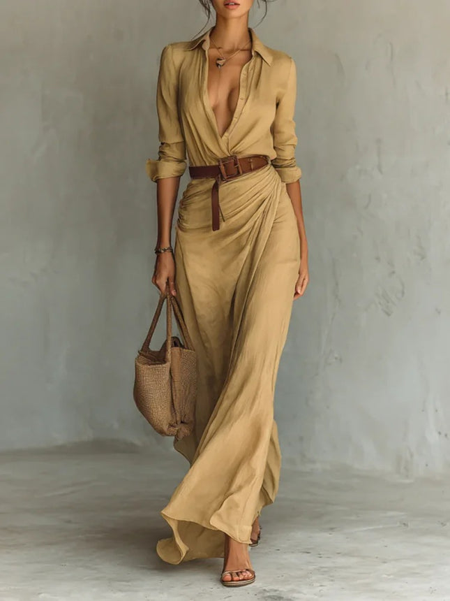 Women's Asymmetric Belted Shirt Dress – Elegant Button-Down Long Sleeve Midi Dress for Office Commuting & Chic Outfits