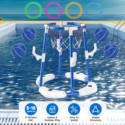3-in-1 Floating Pool Basketball Hoop Set – Includes 4 Balls, 4 Toss Rings & Pump – Water Sport Games for Kids & Adults – Summer Pool Toy
