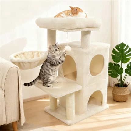 Multi-Level Cat Tree with 2-Tier Condo – 33.5-Inch Sisal Scratching Post Tower with Safety Strap for Indoor Cats
