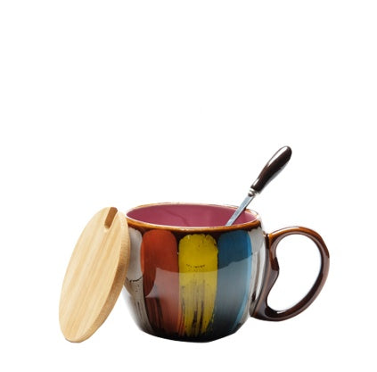 Creative Ceramic Coffee Mug Set – Modern Nordic Design with Matching Lid and Gold Stirring Spoon