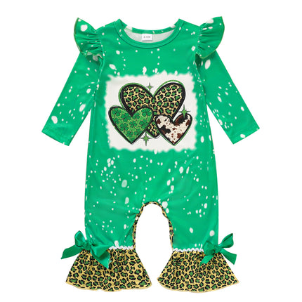 Baby Girl St. Patrick’s Day Flare Romper – Green Clover & Leopard Print Jumpsuit – Ruffle Sleeve Bell Bottom Onesie