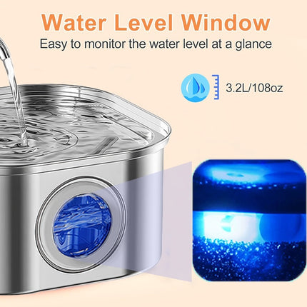 3.2L Stainless Steel Cat Water Fountain – 108oz Automatic Dog Water Dispenser with Water Level Window – Ultra-Quiet Filtered Drinking Fountain