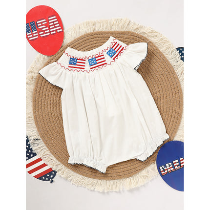 Baby Girl 4th of July Smocked Bubble Romper – American Flag Embroidery Fly Sleeve Bodysuit – Patriotic Summer Outfit