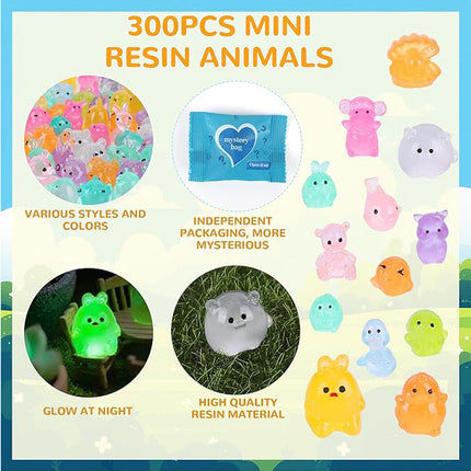 300-Piece Mini Resin Animal Blind Bags – Glow in the Dark Miniature Figures – Mystery Surprise Set for DIY Fairy Gardens & Micro Landscapes