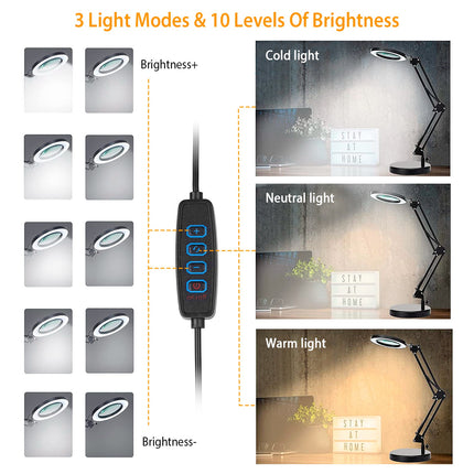 8X LED Magnifying Lamp with Clamp & Stand – 2-in-1 Swing Arm Desk Lamp – 3 Color Modes & 10 Brightness Levels for Craft, Repair, and Reading