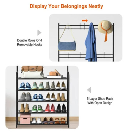 All-in-One Entryway Coat Rack & Shoe Bench – Industrial Hall Tree with Hat Hooks & 3-Tier Storage Shelves – Freestanding Garment Organizer