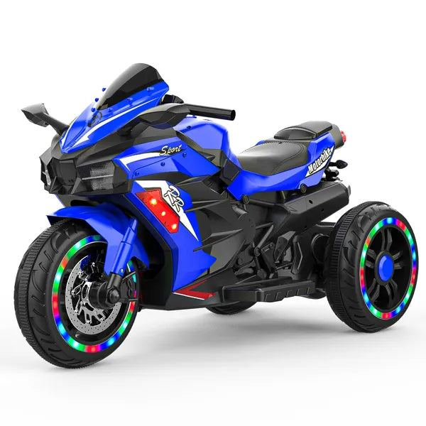 12V Electric Ride-On Motorcycle for Kids – Glowing LED Wheels & Bluetooth Music – Battery Powered Sport Bike with Training Wheels (Blue)