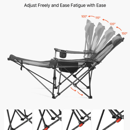 4-Position Reclining Camping Chair with Footrest – Portable Folding Lounge Chair – Heavy Duty Mesh Beach Chair with Headrest – Gray