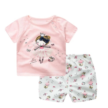 2pc Baby Summer Clothing Set – Cute Cartoon Print T-Shirt & Shorts – Soft Cotton Casual Outfit for Boys & Girls