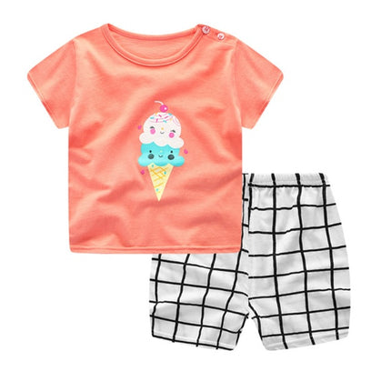 2pc Baby Summer Clothing Set – Cute Cartoon Print T-Shirt & Shorts – Soft Cotton Casual Outfit for Boys & Girls