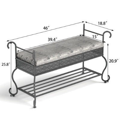 Industrial Shoe Rack Bench with Padded Seat – Rustic Entryway Bench for Small Spaces – Upholstered Shoe Storage Organizer with Metal Shelves