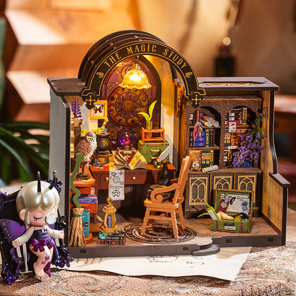 Robotime ROKR DIY Miniature House Kit – "Magic Study" Library – 3D Wooden Puzzle Room Kit with LED Lights – Creative Hobby Gift for Adults