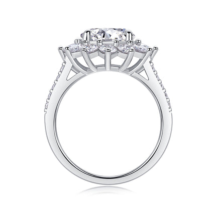 Sunflower Halo Statement Ring – 3 Carat Moissanite Brilliant Cut – S925 Sterling Silver Platinum Plated – Luxury Engagement & Promise Ring